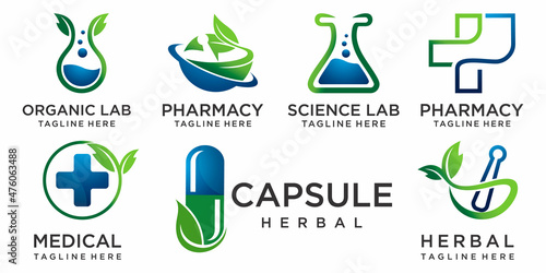 pharmacy medical logo with combination drug ,Lab and leaf icon set logo design template