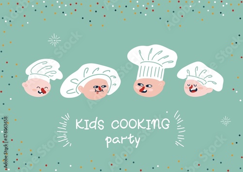 Kids cooking party class. Birthday party activity idea, diploma or certificate template, cartoon vector illustration