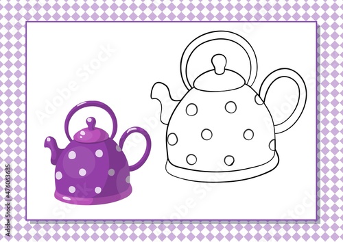 Printable worksheet. Coloring book. Cute cartoon teapot. Vector illustration. Horizontal A4 page Color violet.