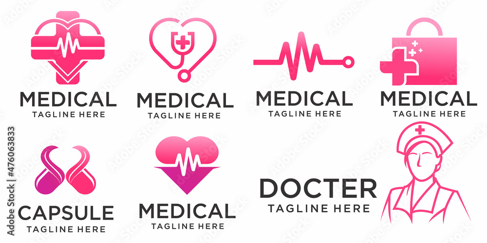 medical icon set logo design template with nurse, love , pills and Stethoscope