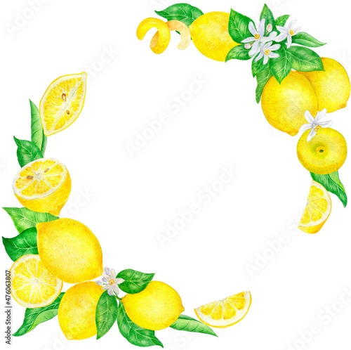 Watercolor wreath with lemon and leaves