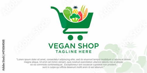 Vegetable shop combination vegan and trolley logo template