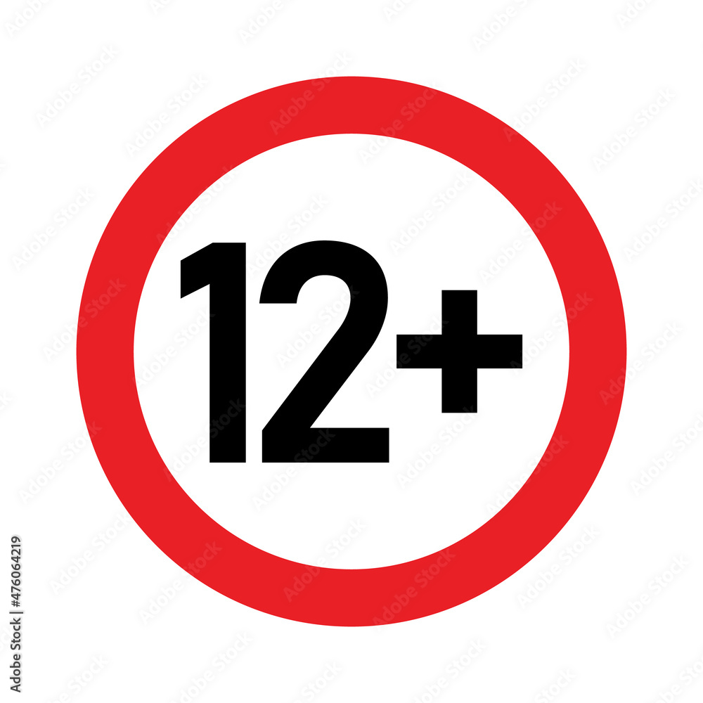 12 plus sign. Twelve. Age restrictions, censorship, parental control. Icon for content, movies and toys. 12 plus sign. Twelve. Age restrictions, censorship, parental control. Icon for content, movies and toys.