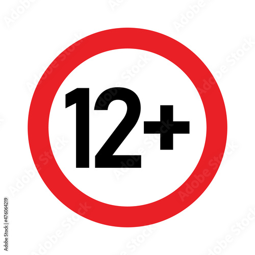 12 plus sign. Twelve. Age restrictions, censorship, parental control. Icon for content, movies and toys.