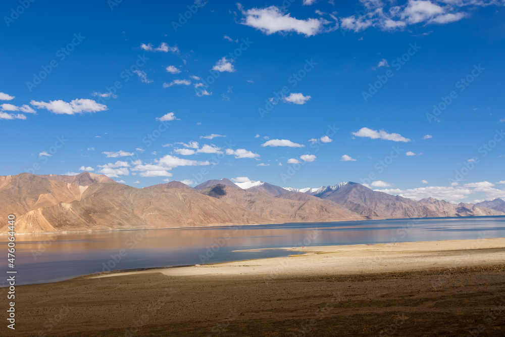 Mountains and Pangong tso (Lake). It is huge lake in Ladakh, shared by China and India along India China LOC border long and extends from India to Tibet. Leh, Ladakh, Jammu and Kashmir, India