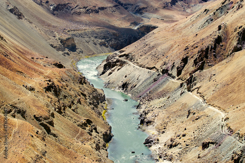 Zanskar river flowing through rocks of Ladakh, Jammu and Kashmir, Ladakh, India