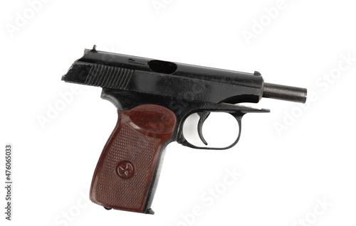 Top view of the Makarov pistol with the bolt stopped in the open position on a white background.