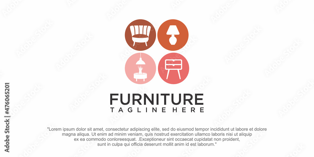 Furniture logo design inspiration.Vector illustration of chair, table, and decorative lamp