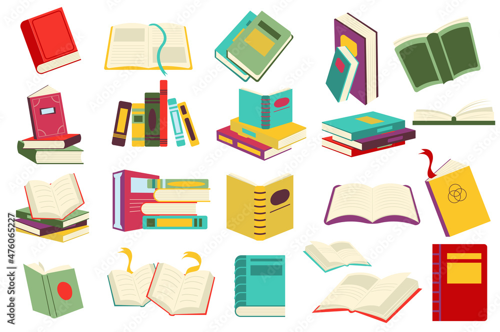 Reading book set in flat cartoon design. Stacks of books at bookstore or library. Student or reader bookshelf pack. Literature of different genres collection isolated elements. Vector illustration Reading book set in flat cartoon design. Stacks of books at bookstore or library. Student or reader bookshelf pack. Literature of different genres collection isolated elements. Vector illustration