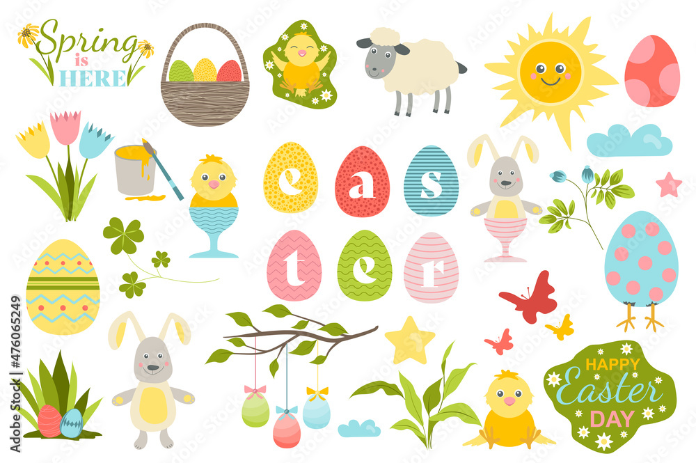 Happy Easter collection in flat design. Festive bright eggs, cute rabbits and chicks, spring flowers set. Celebrating holiday with gifts isolated elements. Vector illustration. Hand drawn style.