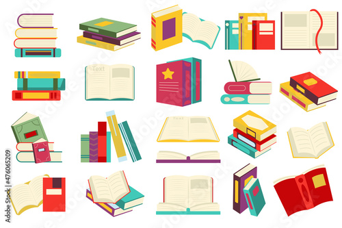 Reading book set in flat cartoon design. Stacks of books or textbook, open pages with bookmarks, literature of different genres. Library or bookstore collection isolated elements. Vector illustration