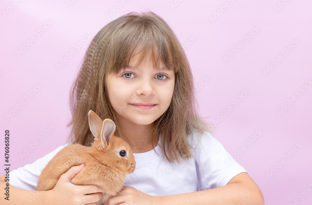 Cute little girl holding a brown rabbit pet . Isolated on pink background. Cute little girl holding a brown rabbit pet . Isolated on pink background.