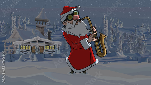 cartoon santa claus playing saxophone at night in the snow