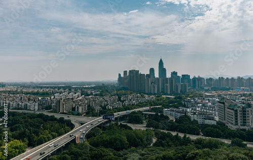 water city Shaoxing wupeng boat and landmark buildings photo