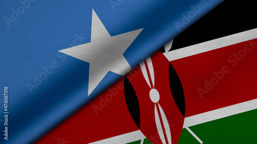 3D Rendering of two flags from Federal Republic of Somalia and Republic of Kenya together with fabric texture, bilateral relations, peace and conflict between countries, great for background photo