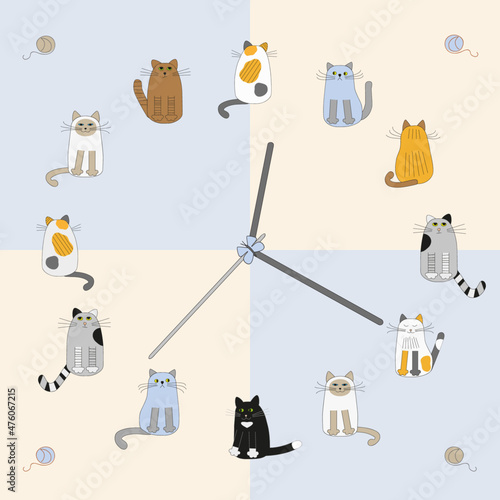 Multicolor vector drawing of wall clock with cartoon cats. Nice design for children's watches in nursery, kindergarten, children's rooms, veterinary clinic etc.