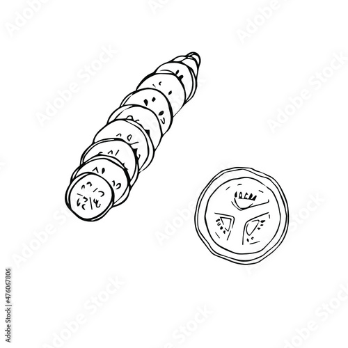 Cucumbers cut into pieces. Cucumber slices. For breakfast. Vector illustration. All elements are isolated