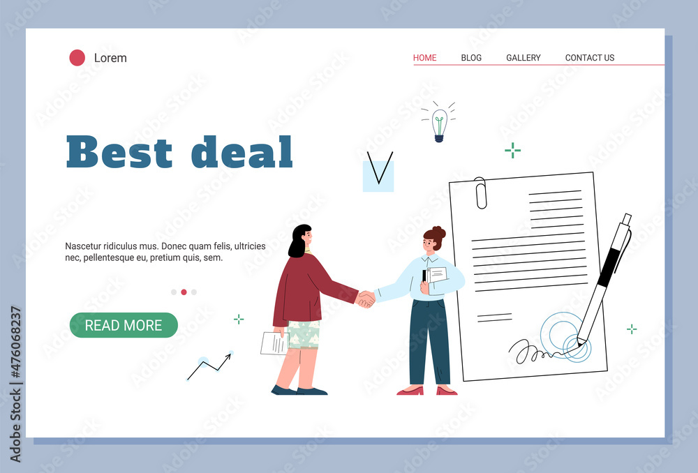 Best deal website with business people shaking hands, flat vector illustration.