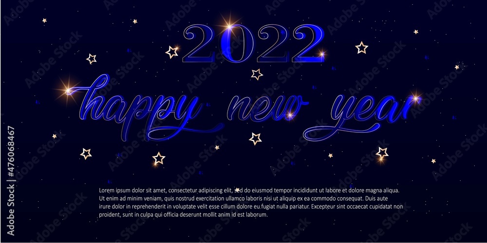 happy new year card with blue and gold vector brush. Calligraphy banner with swashes and stars