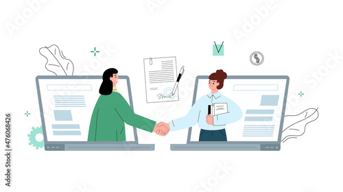 Online agreement and business partnership deal flat vector illustration isolated.