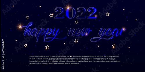 happy new year card with blue and gold vector brush. Calligraphy banner with swashes and stars