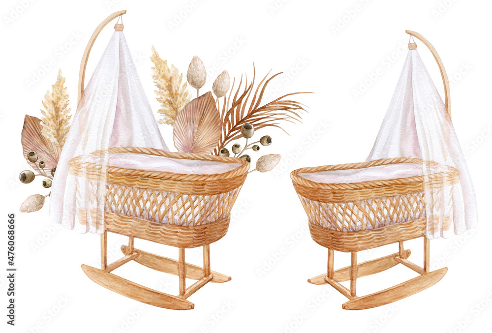 bassinet,crib for newborns, cradle. Boho. Watercolor illustration. Childhood. Motherhood. Baby shower. - obrazy, fototapety, plakaty 