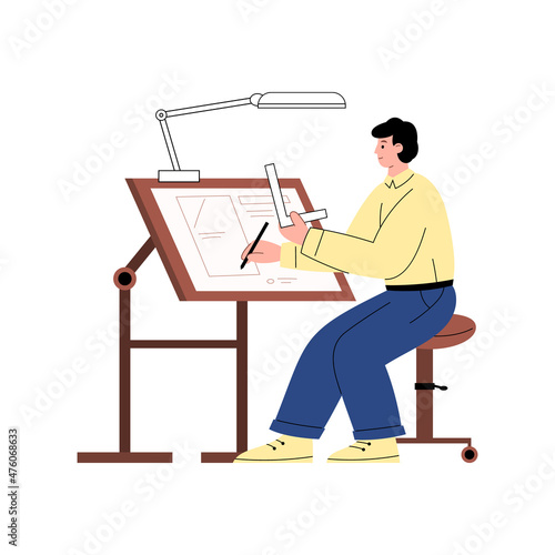 Architect drawing a plan of building, flat vector illustration isolated.