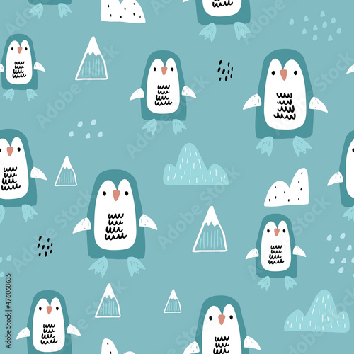 Cute seamless penguin patterns on blue. Cartoon penguins, icebergs,winter texture. Perfect for fabric, textile, Wallpapers. Vector illustration