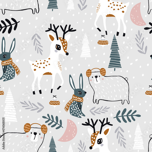 Seamless winter pattern with dear, bunny, bear and forest elements . Creative kids for fabric, wrapping, textile, wallpaper, apparel. Vector illustration