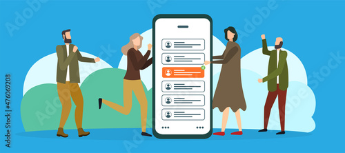 people chooses a contact on a smartphone, vector illustration