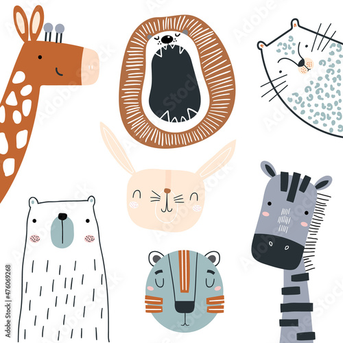 Cartoon set with cute bear, giraffe,lion, bunny,zebra, leopard. Hand drawn vector illustration with funny animals