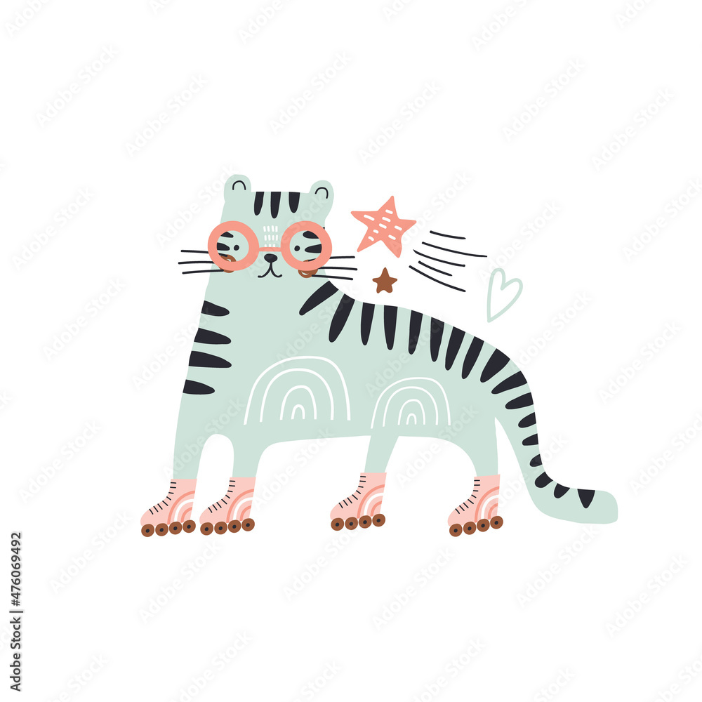 Childish cute mint hand drawn tiger in star glasses and rollers isolated on white. Modern vector illustration for apparel, card, poster.