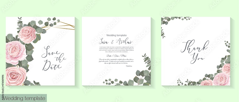 Vector floral template for wedding invitation. Pink roses, eucalyptus, green plants and leaves.