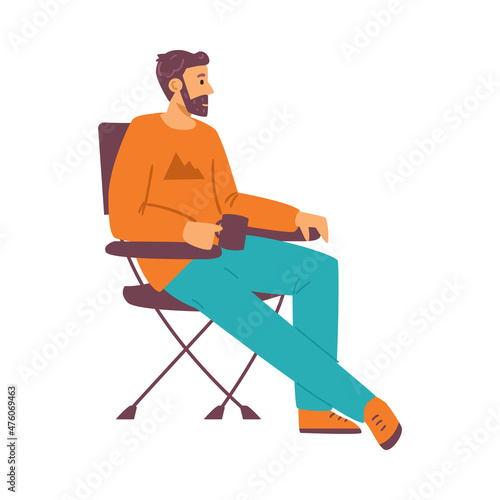 Relaxed man sits in tourist chair and drinks coffee or tea, flat vector illustration isolated on white background.