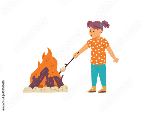 Little girl fries marshmallows on stake, flat vector illustration on white.