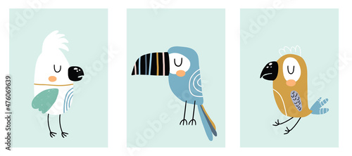 Set of 3 cartoon birds poster. Nursery decoration cute toucan, parrot. Ready to use wall art. Vector illustration