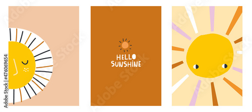 Set of 3 childish nursery prints. Ready poster design. Sun, lettering. Vector illustration