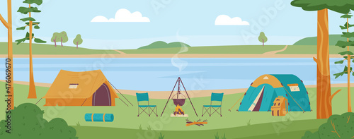Camping with tents by the river side or lake in the forest, flat vector illustration.