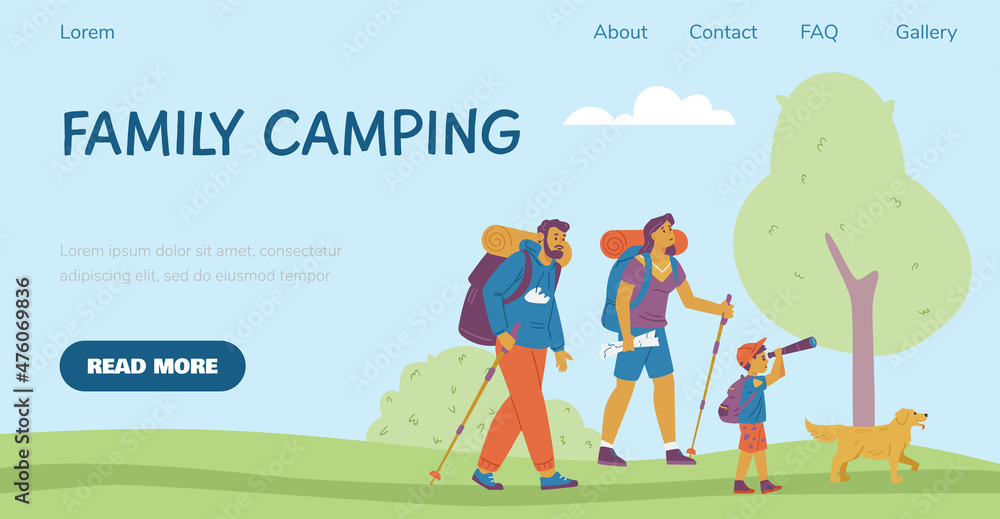 Family camping website design with human characters, flat vector illustration. Family camping website design with human characters, flat vector illustration.