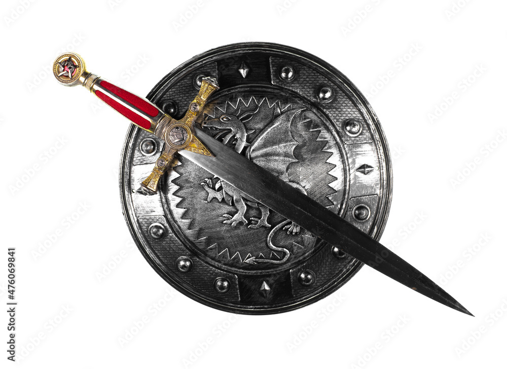 medieval fantasy sword and shield isolated on white background Stock
