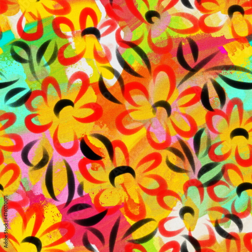 Seamless pattern with bright tropical flowers