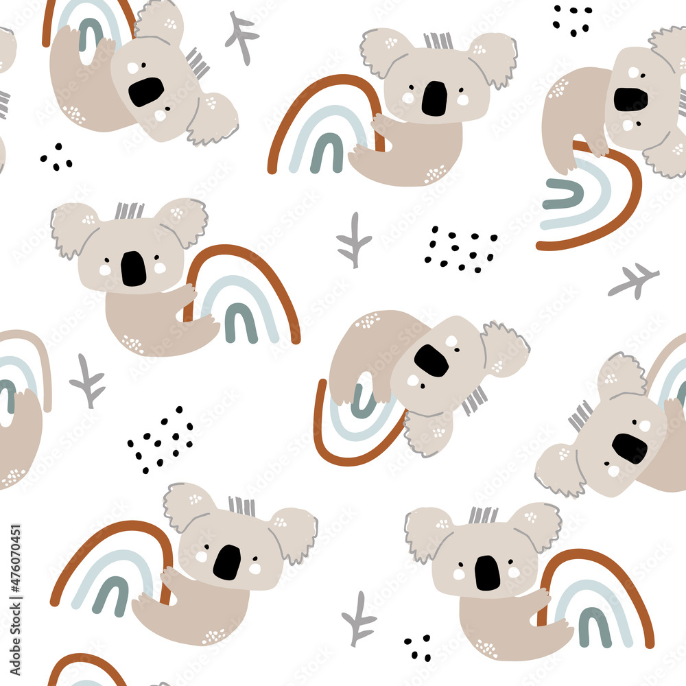 Φωτογραφία Seamless childish pattern with cute koala hanging on the rainbow