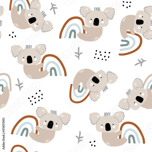 Seamless childish pattern with cute koala hanging on the rainbow . Creative scandinavian kids texture for fabric, wrapping, textile, wallpaper, apparel. Vector illustration