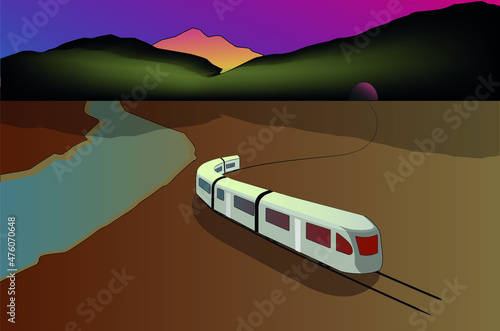 High speed train with colorful landscape, summer travel,vector illustration,Eps 10, river and mountain, transport tourism in beautiful desert