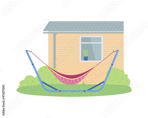Hammock swing in garden or house backyard, flat vector illustration isolated.