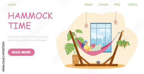 Hammock time and home relaxation website banner, flat vector illustration.