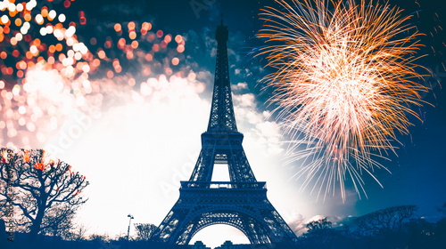 Colorful fireworks in Paris, Eiffel tower. © erika8213