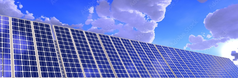 Obraz premium Beautiful sky with clouds and solar panels, eco-energy, 3d rendering