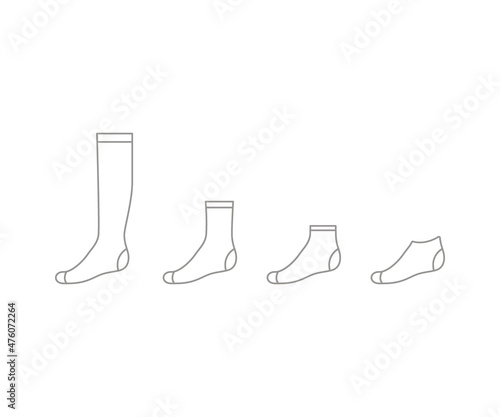 Set sock for man from long to short, outline template. Sport and regular sock. Technical mockup clothes side view. Vector contour illustration