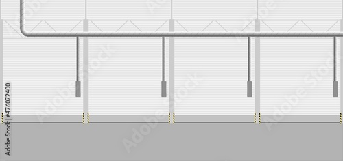 Industrial, warehouse interior. Industrial steel pipes or pipes of air ventilation system.Vector illustration.
